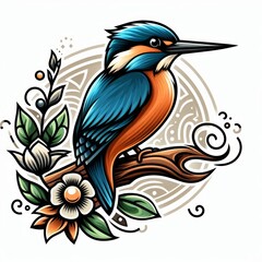 Naklejka premium Artistic kingfisher perched on branch with floral and decorative accents