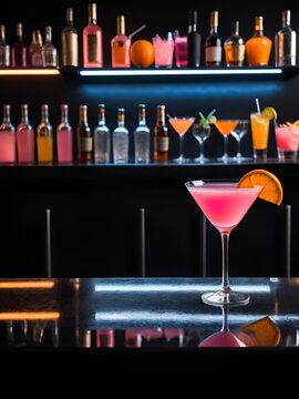in bar behind a black bar counter on a dark background sits with a pink cocktail with orange the life of youth