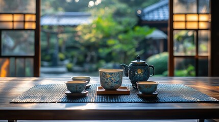 Fototapeta premium A traditional Japanese tea ceremony with a beautifully set table and delicate tea cups.