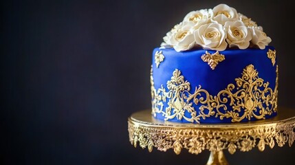 Obraz premium A beautifully decorated cake with white roses and gold accents