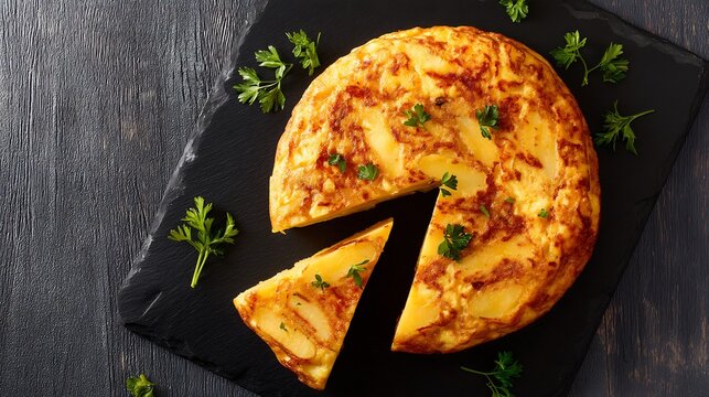 Classic Spanish tortilla de patatas potato omelet sliced served on black stone plate top down angle with white wooden background for high clarity