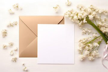 Blank greeting card in frame made of spring pink blossoming flowers on white wooden background. Mock up. Flat lay. Top view. Womens day, Mothers day, Wedding or anniversary invitation
