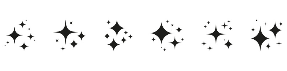 Sparkle Starburst Pattern Solid Icon Set. Decorative Twinkling Stars Silhouette Symbol Collection. Isolated Vector Illustration