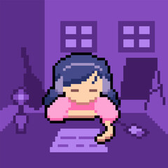 Obraz premium Blue Haired Girl wearing the Headphone during Reading Session, Purple Background, Lo-fi Style Pixel Art illustration
