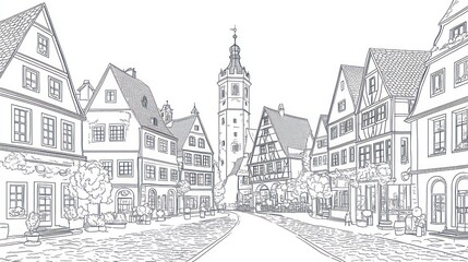 European town street scene, line art, historic buildings, quaint architecture