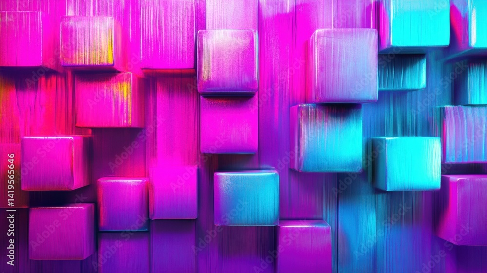 Poster brightly colored 3d blocks create an abstract wall design with dynamic gradients of pink and blue, s
