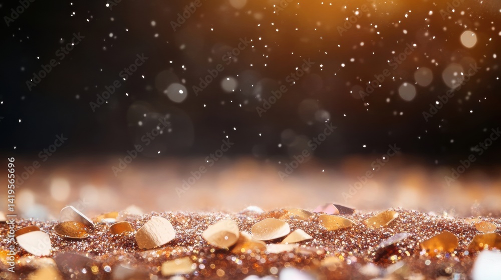 Poster golden and shiny particles scatter across a dark surface, shimmering under soft light, creating a ma