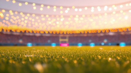 Colorful lights twinkle above a lush green field, creating a festive atmosphere in the stadium as fans gather for the evening event