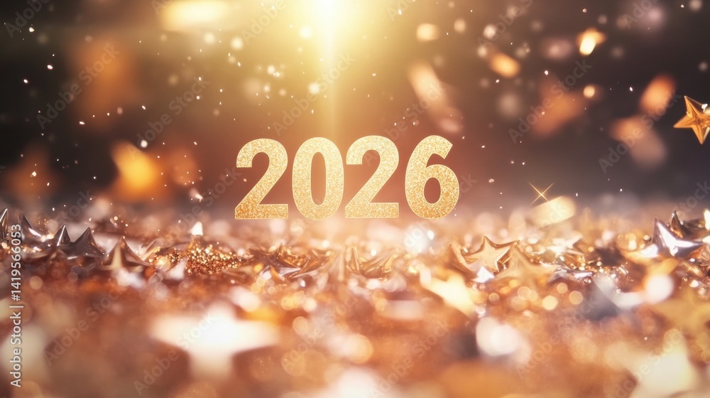 Poster golden numbers representing 2026 are surrounded by shimmering stars and confetti, creating a festive