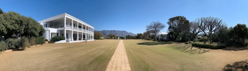 Fototapeta premium Panoramic view of Buitenverwachting Manor and its expansive grounds, bathed in sunlight - Cape classic peaceful Africa meadows