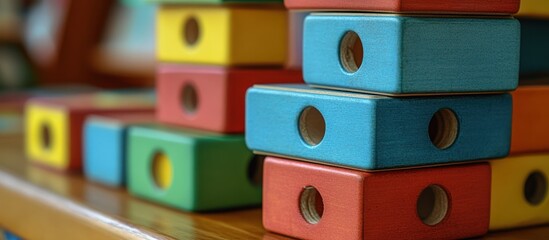 Colorful Wooden Blocks Stacked on Tabletop