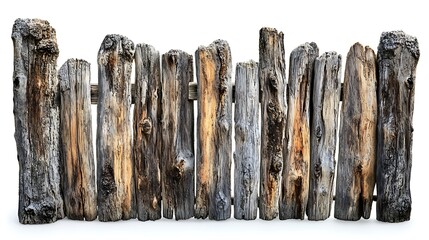 An old wooden fence, made of weathered tree trunks, stands isolated against a white background.