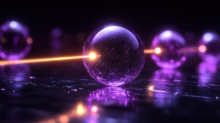 Abstract spheres illuminated by a laser beam.  Intense purple orbs float on a dark surface, connected by a bright, energetic beam