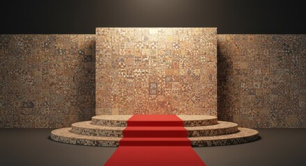 Podium with red carpet and textured background in a dark room.