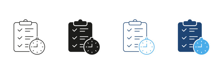 Time Management And Balanced Routine Line and Silhouette Icon Set. Healthy Lifestyle With Organized Schedule. Editable Stroke. Isolated Vector Illustration