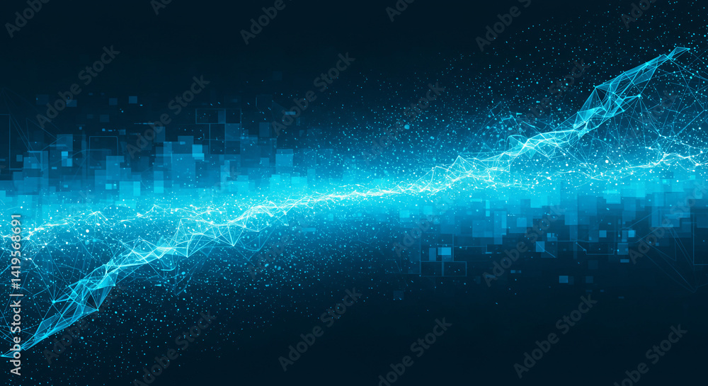 Aufkleber abstract blue network with connected dots and lines forming a wave over geometric shapes background