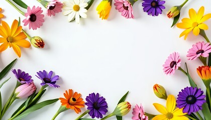 Fototapeta premium Colorful-Flower-Frame-White-Background-Spring-Summer