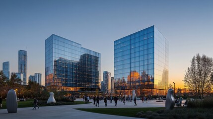 Modern glass buildings reflecting sunset with people enjoying the park
