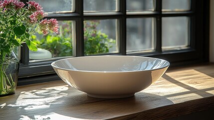 Fototapeta premium White Ceramic Bowl Illuminated by Sunlight on a Wooden Window Sill with Green Plants
