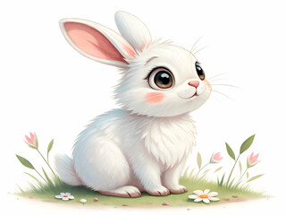 Obraz premium White Rabbit Sitting on Grass with Flowers Illustration