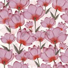 Watercolor Tropical Floral Seamless Pattern with Leaves in green shades Colors