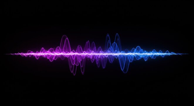 Abstract sound wave illustration with blue and purple light on black background.