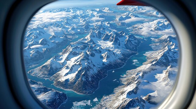 Aerial view of snow-capped mountains and fjords from an airplane window - Powered by Adobe