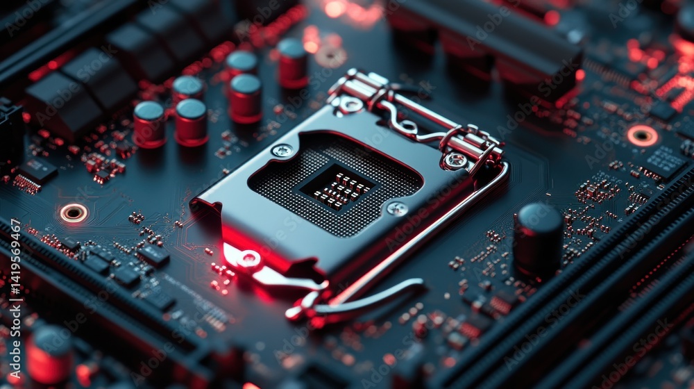 Poster close-up of a cpu socket on a motherboard with red lighting