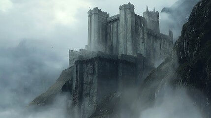 Fototapeta premium Majestic Castle on a Mountain Peak Surrounded by Mist and Dramatic Clouds at Dusk