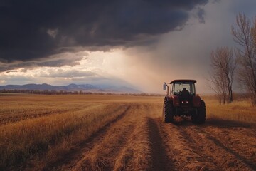 Fototapeta premium Plowing tractor making furrows in brown soil, cinematic contrast, overcast lighting