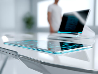 Futuristic white office desk with transparent touchscreen tablet and sleek laptop, man standing in bright modern workspace
