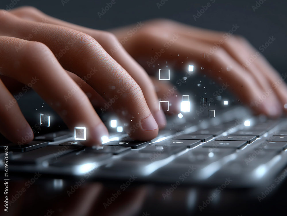 Poster hands typing on a keyboard with glowing digital particles emerging from the keys, symbolizing data c