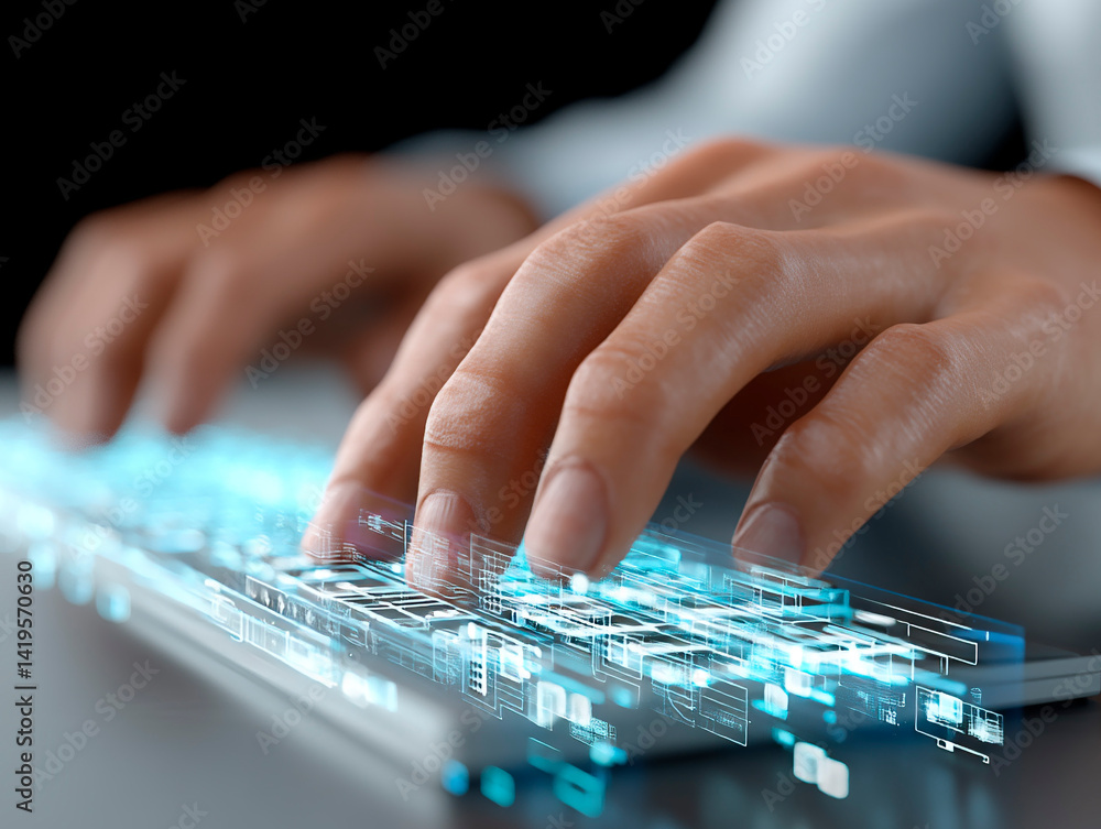 Poster hands typing on a futuristic holographic keyboard with glowing digital interface in a modern technol