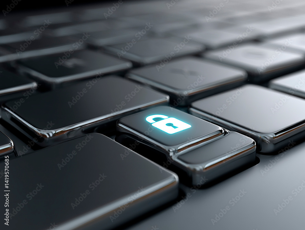 Poster close-up of a sleek black keyboard with an illuminated padlock key symbolizing digital security and 