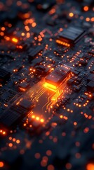 Fototapeta premium Circuit Board Close Up Phone Wallpaper Glowing Orange Lights & Intricate Electronic Components | Vertical 4K