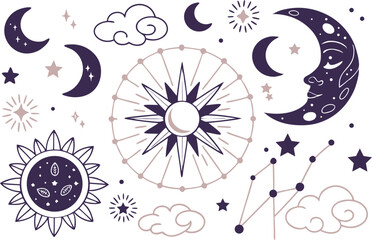 Mystical Moon and Stars Clipart Set for Celestial Designs. Boho Moon and Star Clipart Collection for Spiritual Art. Magical Celestial Clipart Bundle with Crystals and Constellations. Ethereal Moon
