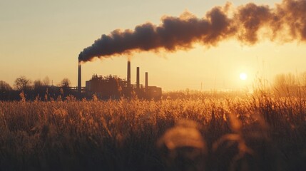 Industrial Sunset: Smoke Stacks and Golden Field