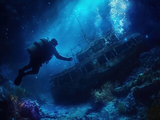 Underwater diver reaching toward a sunken ship, mysterious deep-sea scene, cinematic lighting