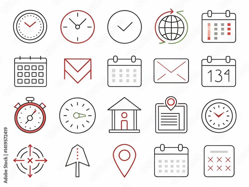 Poster business and time management icon set in simple line style