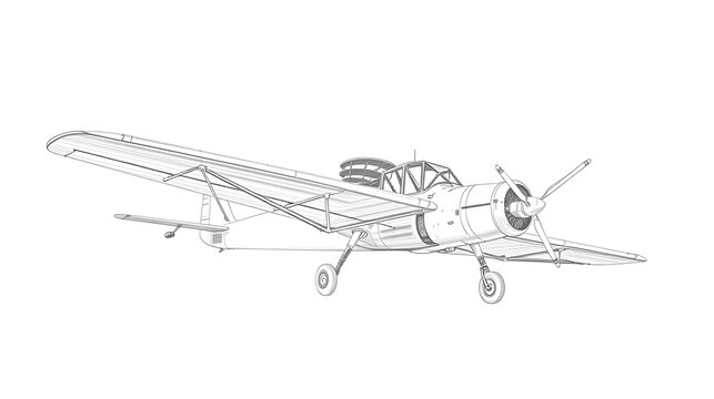 Technical sketch drawing Illustration of 1900's vintage aircraft line art, triplane silhouette with white detail lines, outline vector doodle illustration, front and top view isolated on white