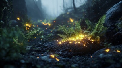 Fototapeta premium Glowing Plants And Embers In A Dark Forest