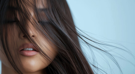Fototapeta premium Foto em close de uma pessoa com cabelo comprido, isolada em um fundo simples