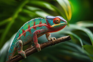 Obraz premium A colorful chameleon perched on a branch, blending perfectly with a tropical background.