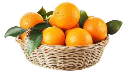 Fresh oranges in basket isolated on white background for vibrant fruit image