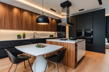 Modern kitchen interior featuring cabinetry and a dining table