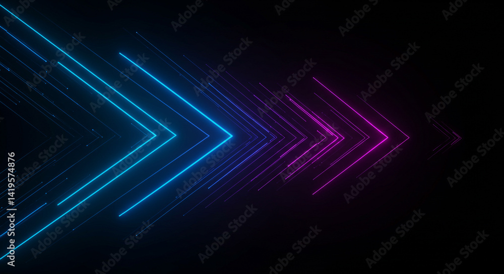 Poster a series of neon arrows pointing right with a gradient from blue to pink on a dark background