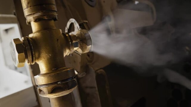 This close-up image showcases a leaking gas valve emitting invisible vapor in dim light, capturing intricate details of industrial machinery.