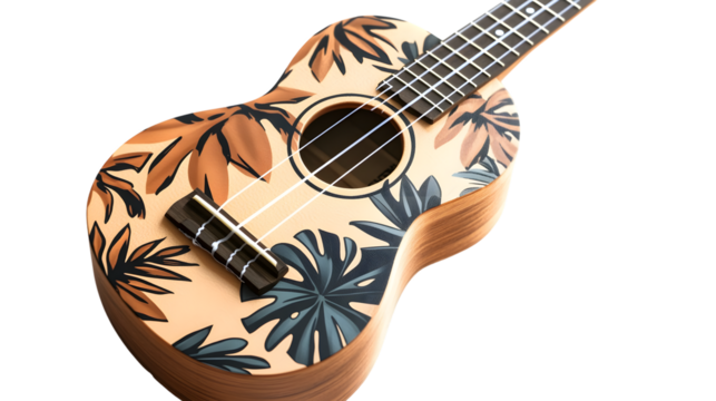 Vibrant Ukulele with Hawaiian Pattern on White Background for Music Enthusiasts