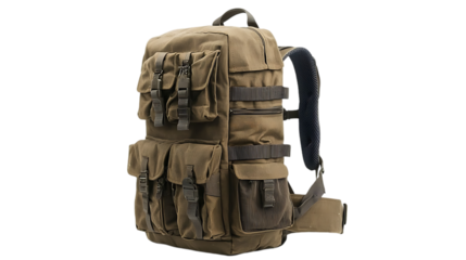 A black nylon rucksack rests against a stack of isolated firewood