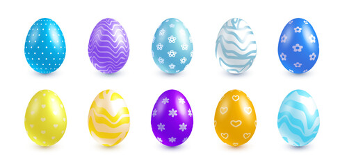 Set of Easter Eggs. purple, blue, yellow, white ornamental eggs. Easter eggs in different colors decorated with flower abstract patterns isolated on white background